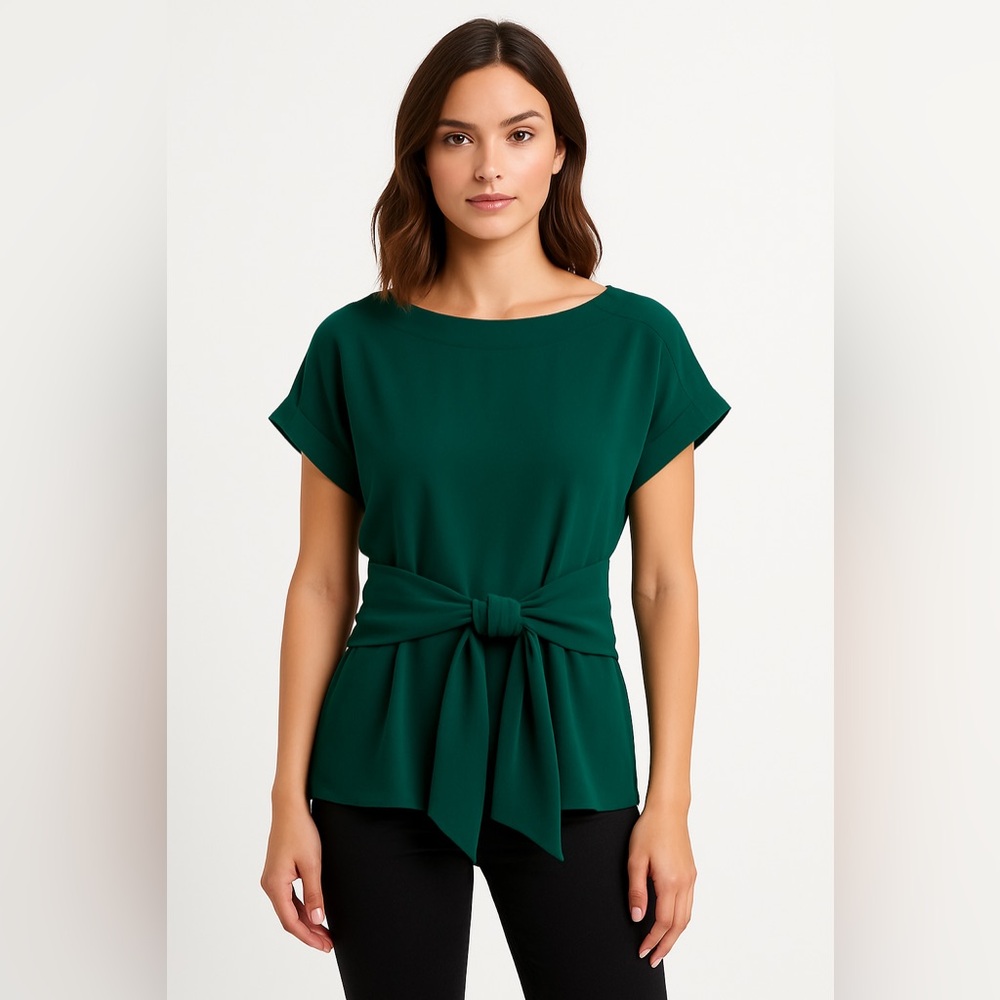 Women’s West Kei Julianna Cuffed Sleeve Emerald Green Tie Front Blouse Top